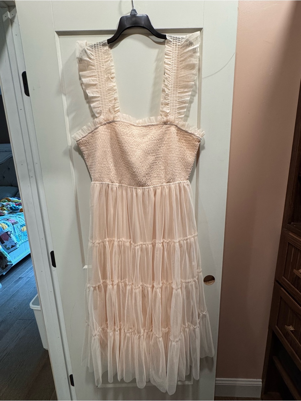 Baltic Born Beige Smocked Tulle Dress with Ruffled Straps